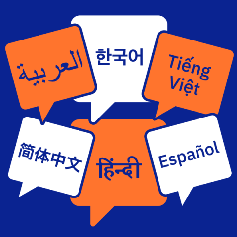 Speech bubbles with text in various languages.